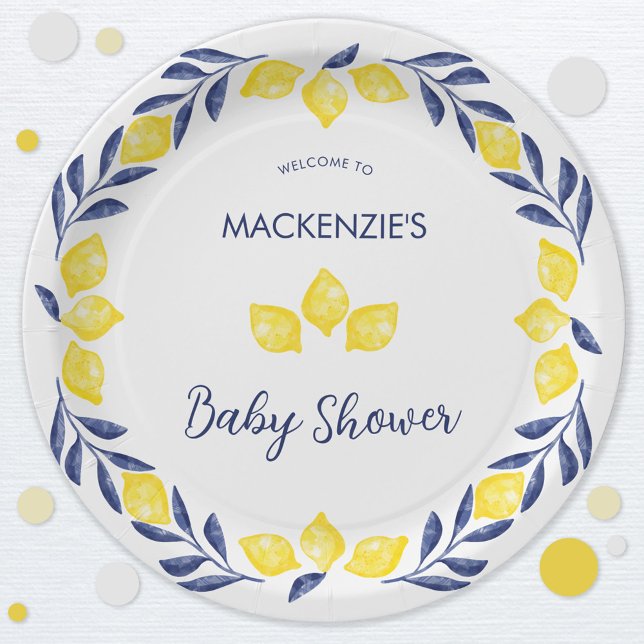 Lemon Watercolor Babydusche Personalisiert Pappteller (Blue yellow and white citrus lemon Mediterranean themed baby shower paper plate)