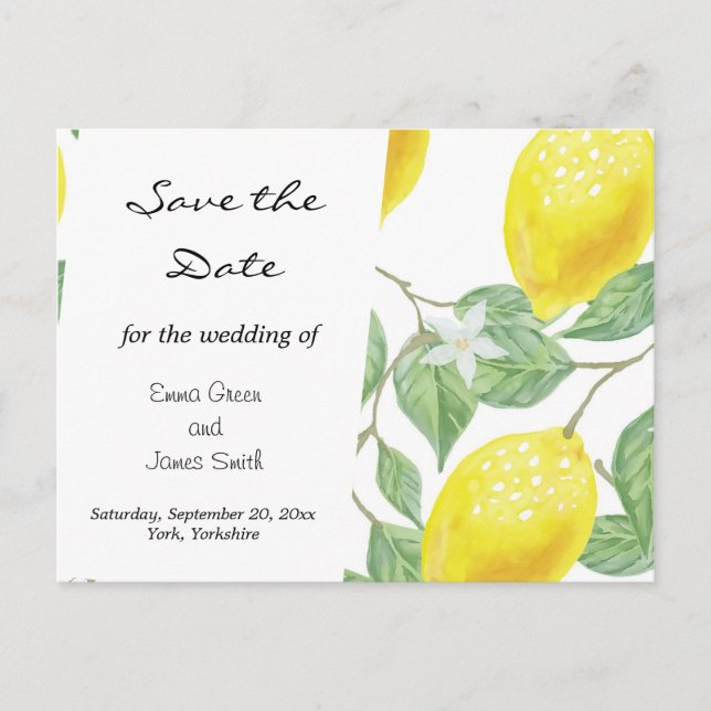 Lemon Watercolor-Blätter Save the Date Postkarte (Vorderseite)