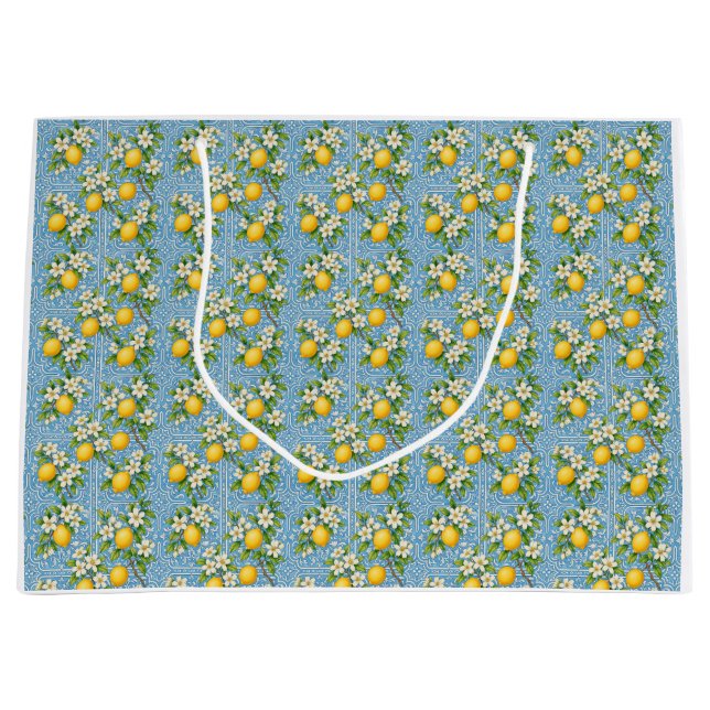 Lemon Watercolor Blue Mediterranean Tile Pattern Große Geschenktüte (Vorderseite)
