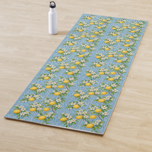 Lemon Watercolor Blue Mediterranean Tile Pattern Yogamatte (Beispiel)