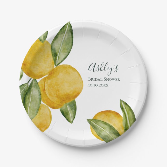 Lemon Watercolor Brautparty Personalisiert Pappteller (Vorderseite)