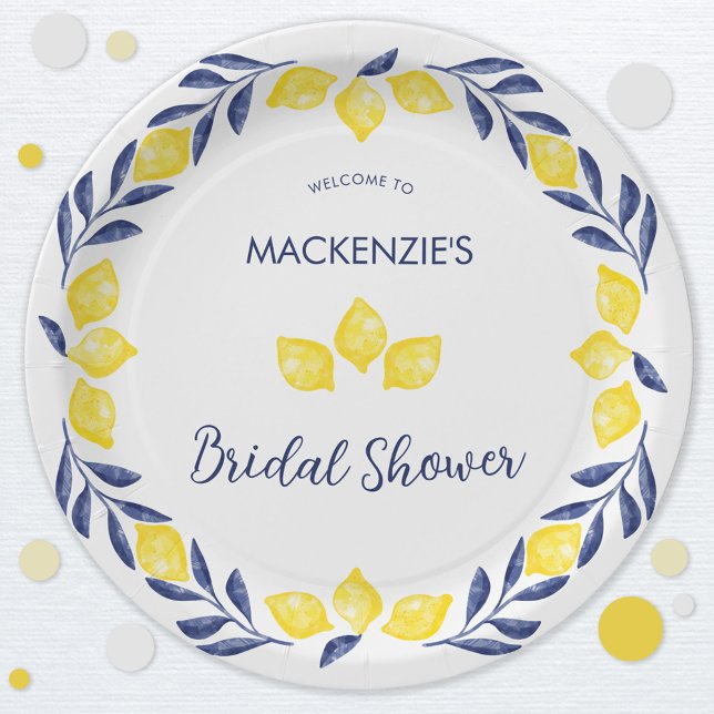 Lemon Watercolor Brautparty Personalisiert Pappteller (Blue, yellow and white watercolor lemon personalized bridal shower paper plates)