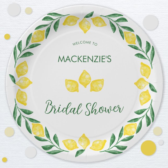 Lemon Watercolor Brautparty Personalisiert Pappteller (Green, yellow and white watercolor lemon personalized bridal shower celebration paper plates)