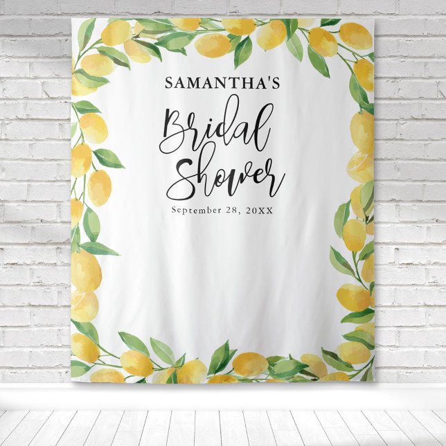 Lemon Watercolor Citrus Frucht Brautparty Wandteppich (Watercolor yellow lemon fruit border bridal shower welcome backdrop perfect for photo ops.)