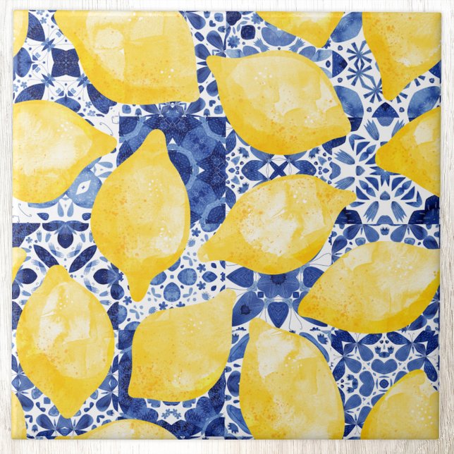 Lemon Watercolor Mediterranes blaues weißes Tile Fliese (Modern citrus lemon watercolor pattern decorative ceramic tile)