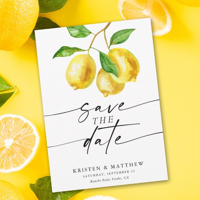 Lemon Watercolor Moderne Hochzeit Save The Date (Capture the essence of summer with our lemon watercolor save the date.)