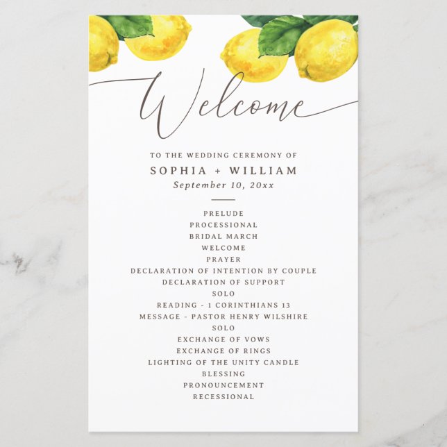 Lemon Watercolor Wedding | Programm "Citrus Garden (Vorderseite)