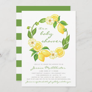 Lemon Watercolor Wreath Citrus Stripe Babydusche Einladung