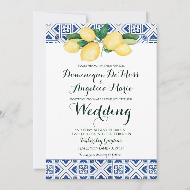 Lemon Wedding Blue White Mediterranean Tile Einladung (Vorderseite)