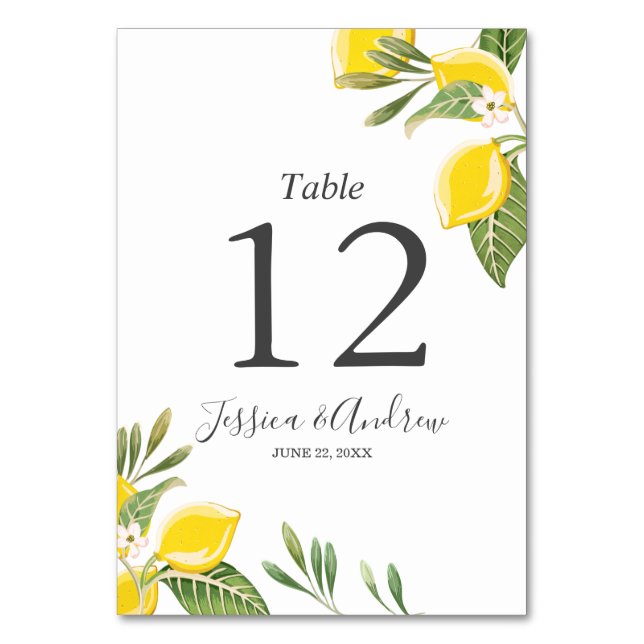 Lemon Wedding Tischnummer Card Rustikales Grün (Vorderseite)