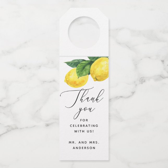 Lemon Wedding Vielen Dank | Elegant Citrus Favor Flaschenanhänger (Vorderseite)