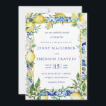 Lemon White Floral Blue Mosaic Tile Hochzeit Einladung<br><div class="desc">Gelbe Zitronen und weiße Blume zieren die italienischen Mosaikfliesen,  um eine elegante Hochzeitsreise aus Zitrusfrüchten zu ermöglichen.</div>