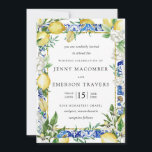 Lemon White Floral Blue Mosaic Tile Wedding Invita Einladung<br><div class="desc">Gelbe Zitronen und weiße Blume zieren die italienischen Mosaikfliesen,  um eine elegante Hochzeitsreise aus Zitrusfrüchten zu ermöglichen.</div>