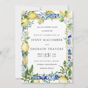 Lemon White Floral Blue Mosaic Tile Wedding Invita Einladung