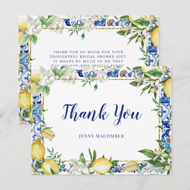 Lemon White Floral Blue Mosaik Tile Dankeskarte (Vorne/Hinten)