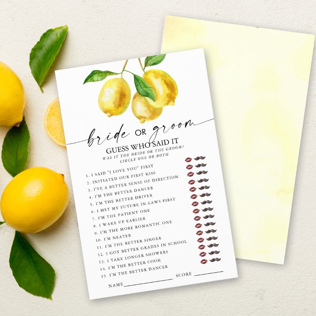Lemon Who Said It Brautparty Games (Entertain and delight your guests with our stylish lemon "Guess who said it" bridal shower game.)
