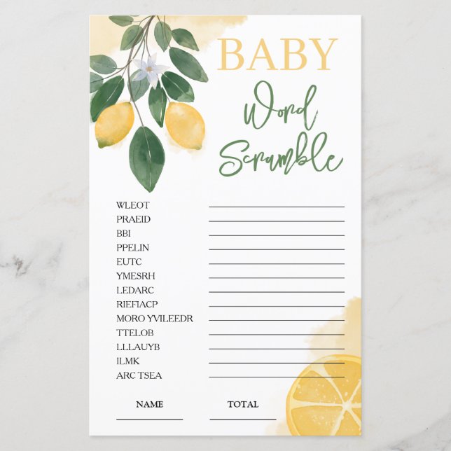 Lemon Word Scramble Baby Showspiel (Vorderseite)
