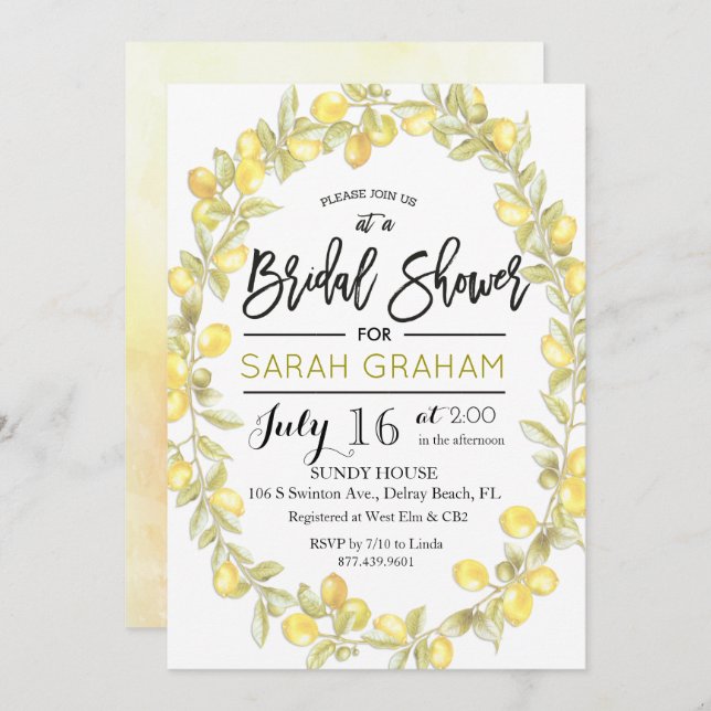 Lemon Wreath Watercolor Bridal Dusche Einladung (Vorne/Hinten)