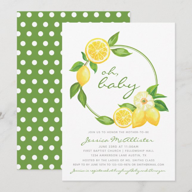 Lemon Yellow Citrus Green Punkt Babydusche Einladung (Vorne/Hinten)