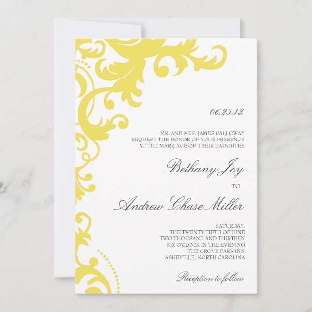 Lemon Yellow Elegant Damask Einladung (Vorderseite)