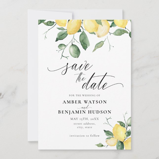 Lemon Yellow Fruit Garden Wedding Save the Date Einladung (Vorderseite)