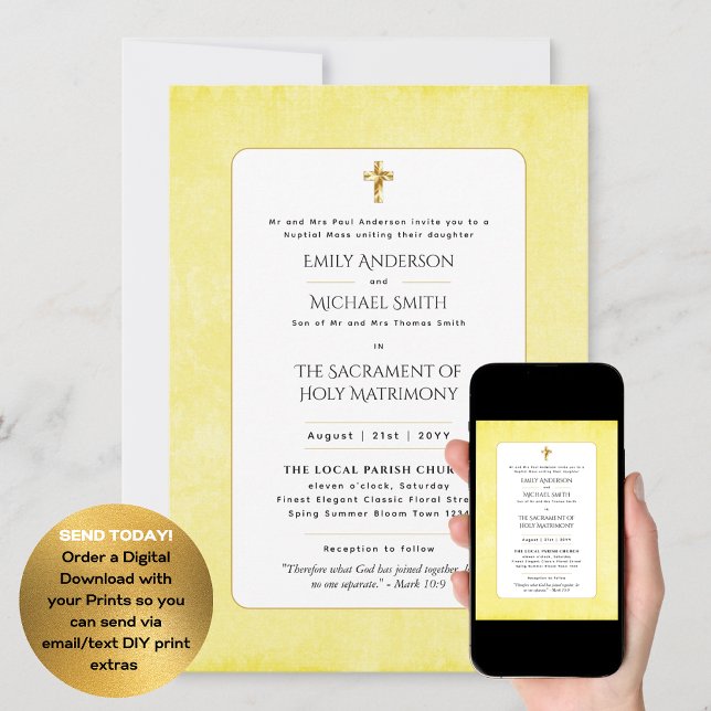 Lemon Yellow Katholic Nuptial Mass Wedding Einladung (Von Creator hochgeladen)