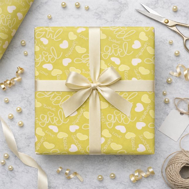 Lemon Yellow Love Geschenkpapier (Customizable love notes on lemon yellow wrapping paper. Cute, girly, and ready to make any gift pop.)