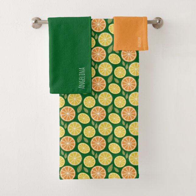 Lemon yellow orange  Pattern green name Badhandtuch Set (Insitu)
