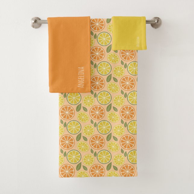 Lemon yellow orange  Pattern white name Badhandtuch Set (Insitu)