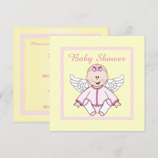 LEMON YELLOW PINK STRIPE ANGEL BABY SHOWER EINLADUNG (Vorne/Hinten)