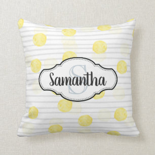 Lemon Yellow Polka Dot and Stripes Mit Monogramm Kissen