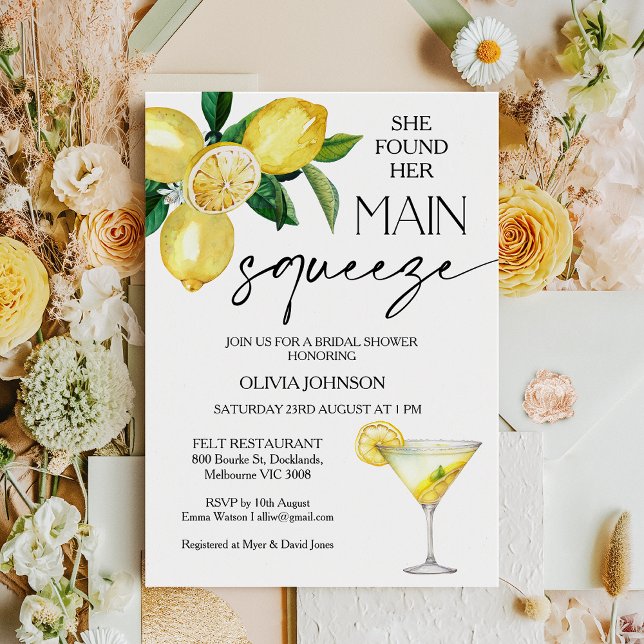Lemon Yellow She fand das Brautparty zum Hauptpres Einladung (Lemon Bridal Shower Invitation Template, Lemon Drop Martini Cocktail Main Squeeze Bridal Shower)