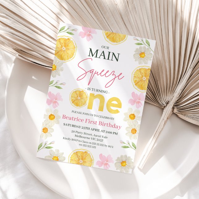 Lemon Yellow Slices Unser Hauptpresse 1. Geburtsta Einladung (Main Squeeze 1st Birthday Invitation Baby Girl, Lemon Themed 1st Birthday Invitation Template Summer)
