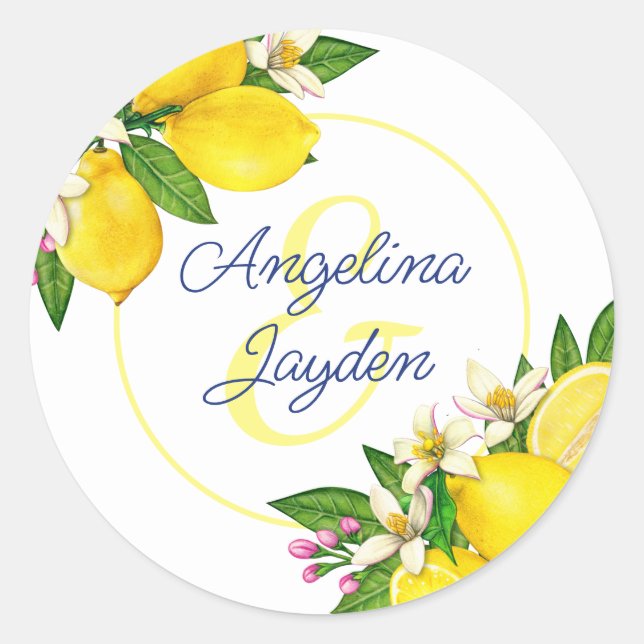 Lemon Yellow Summer Elegante Script Hochzeit Runder Aufkleber (Vorderseite)