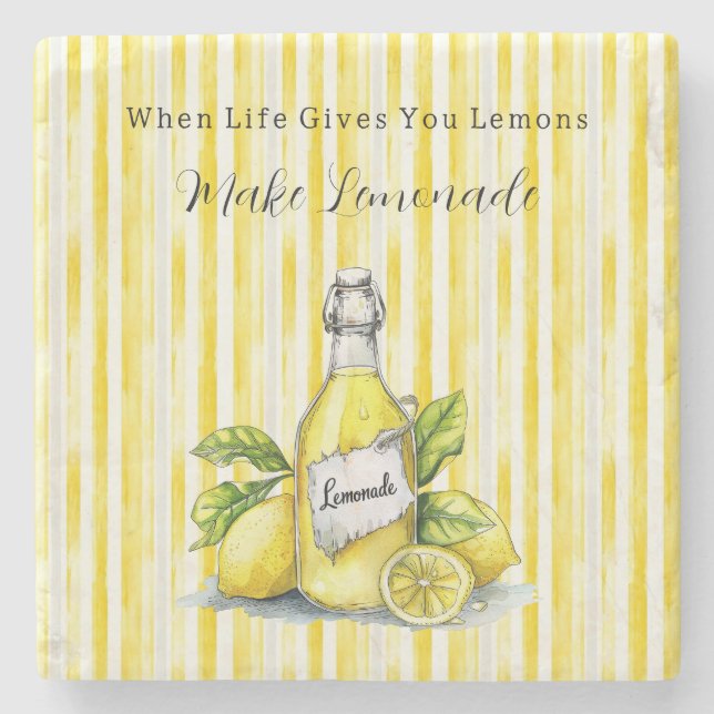 Lemon Yellow White Stripes Lemonade Steinuntersetzer (Vorderseite)
