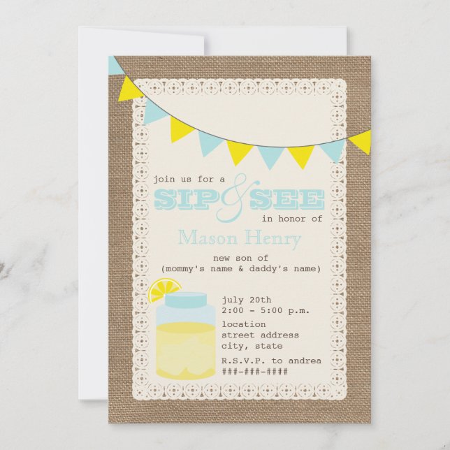 Lemonade Burlap  Sip und sehen Baby Boy Einladung (Vorderseite)