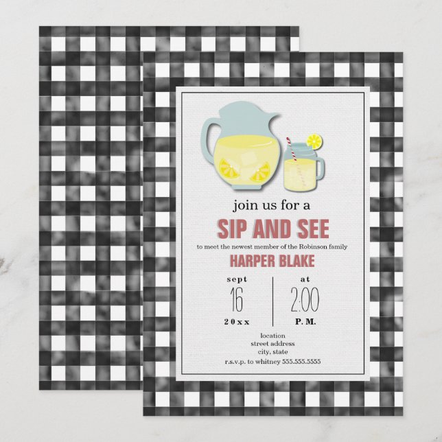 Lemonade Gray Gingham Sip & See Baby Invasion Einladung (Vorne/Hinten)