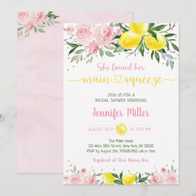 Lemonade Main Squeeze Pink Gold Brautparty Einladung (Vorne/Hinten)