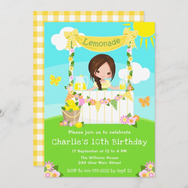 Lemonade Stand Birthday Brown Hair Girl Einladung (Vorne/Hinten)