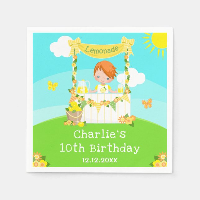Lemonade Stand Birthday Red Hair Boy Serviette (Vorderseite)