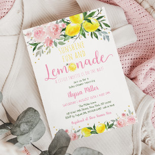 Lemonade Sunshine Pink Floral Baby Dusche Einladung