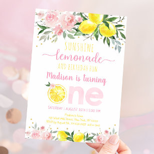 Lemonade Sunshine Pink Floral Erster Geburtstag Einladung