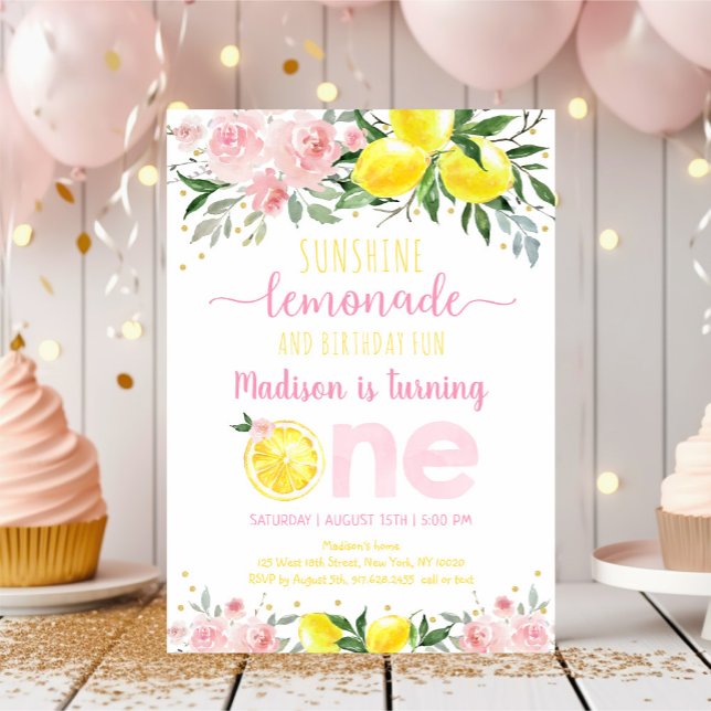Lemonade Sunshine Pink Floral Erster Geburtstag Einladung (Von Creator hochgeladen)