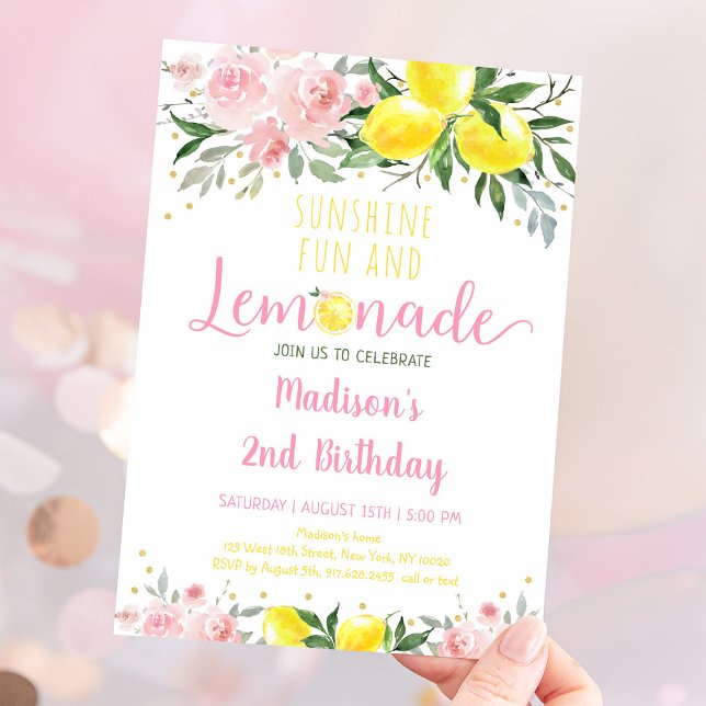 Lemonade Sunshine Pink Floral Geburtstag Einladung (Von Creator hochgeladen)