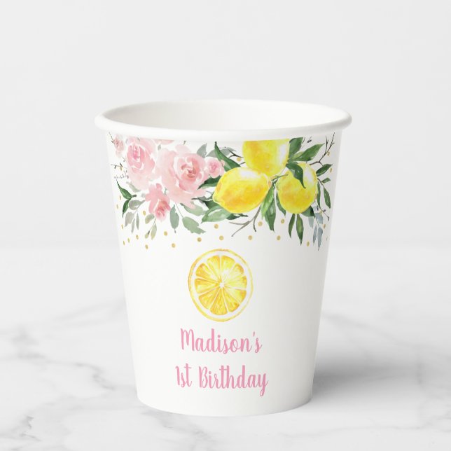 Lemonade Sunshine Pink Floral Geburtstag Pappbecher (Vorderseite)