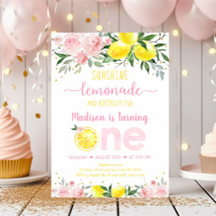 Lemonade Sunshine Pink Gold Floral Erster Geburtst Einladung