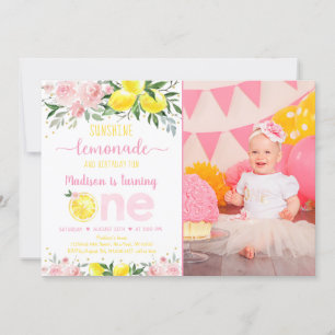 Lemonade Sunshine Pink Gold Floral Erster Geburtst Einladung