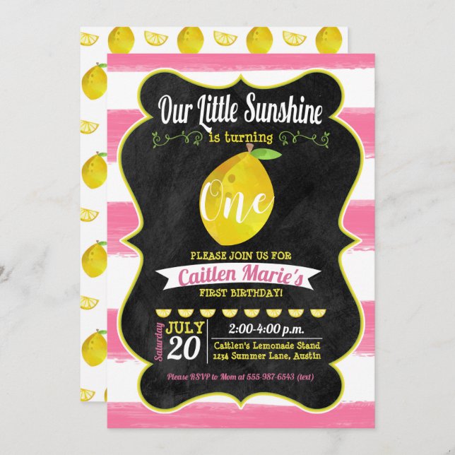 Lemonade Sunshine Pink Yellow Chalkboard Geburtsta Einladung (Vorne/Hinten)
