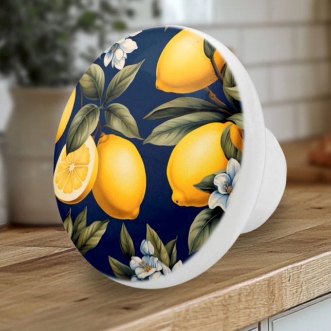 Lemonen und Blüten der Mittelmeerflotte Keramikknauf (Mediterranean Lemons on Navy Artisan Ceramic Kitchen Knobs)