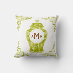 Lemongrass Green Chinoiserie Ginger Jar Monogram Kissen